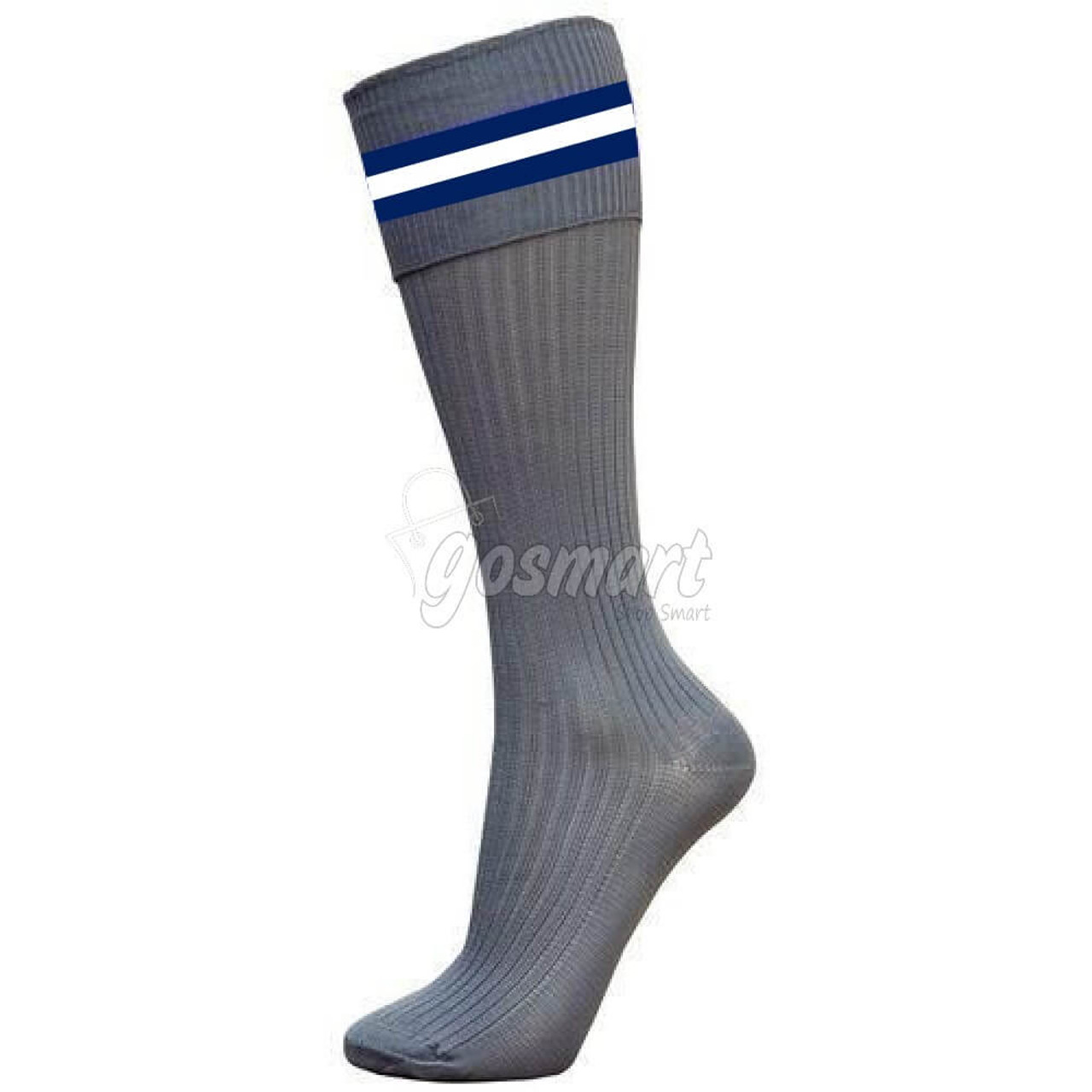 Gray socks with blue stripes